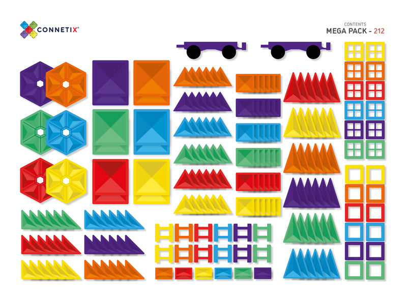 Connetix magnetic tiles 220pcs mega pack. Content list including color and quantity of each shapes