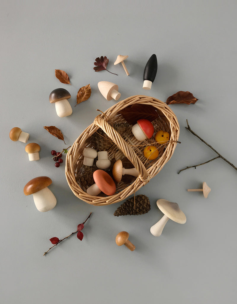 Moon Picnic x Erzi special colab. Wooden toy mushrooms in a rattan basket displayed with autumn leaves, pinecones, twigs.  