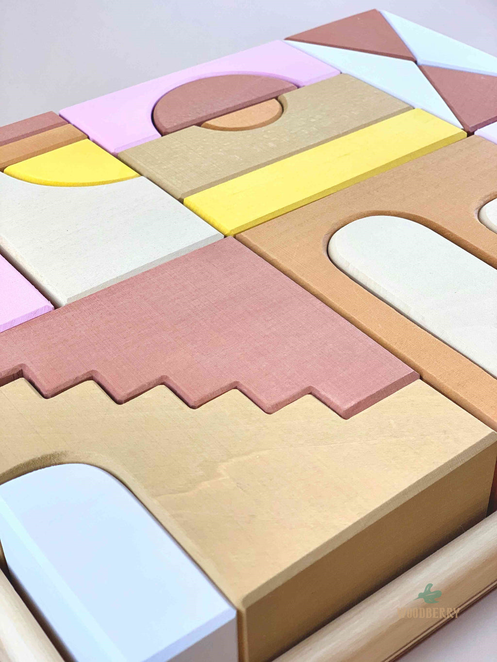 Wooden toy blocks by Raduga grez. This is the Apartment blocks set that comes in an wooden tray. Top view