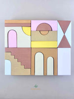 Wooden toy blocks by Raduga grez. This is the Apartment blocks set that comes in an wooden tray. Top view