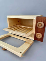 Wooden Toy Toaster oven Handmade with metal hinges and magnetic closure and movable knobs