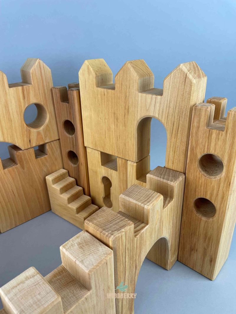 Woodberry Bauspiel Castle blocks close up view of blocks arranged to form castle gate. 