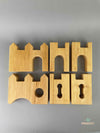 Woodberry Bauspiel six piece castle set showing each of the six pieces laying flat. 