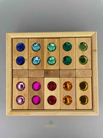 Top down image of Bauspiel combination set that includes 20 colour street blocks and 5 window blocks complete in tray.