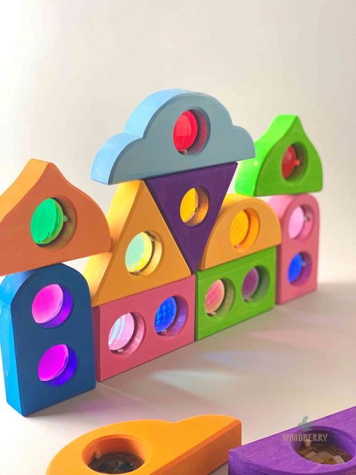 Bauspiel Wooden toy Fairytale colorful windows blocks