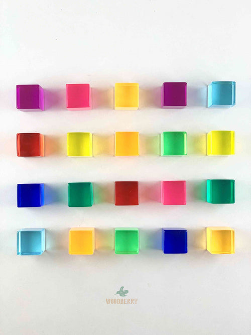Bauspiel Lucite cubes in grid. colorful acrylic cubes comes in 10 colors