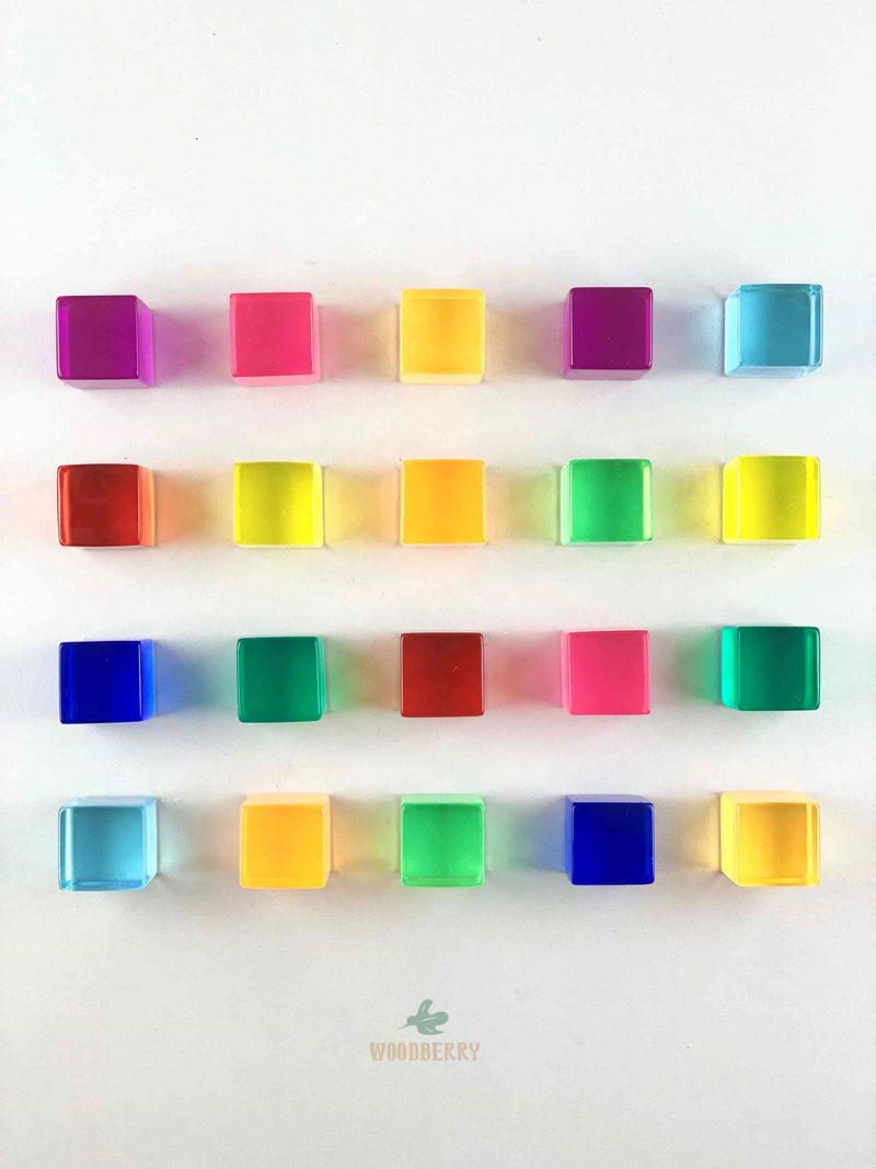 Bauspiel Lucite cubes in grid. colorful acrylic cubes comes in 10 colors