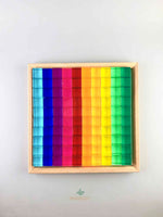 Bauspiel Lucite cubes NEW. 10 colors in wooden tray