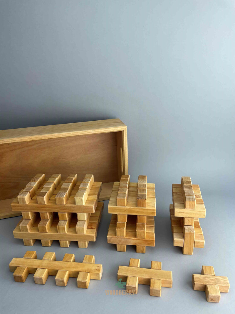 Image of complete plus block set with tray from Bauspiel stacked and upright. 