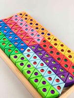 Bauspiel wooden toys. 100 pcs Triangles 10 color in a wooden tray.