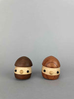 Front view. Two Wooden acorn toys ramp walker Walnut and Bubinga. Special limited edition Natural wood