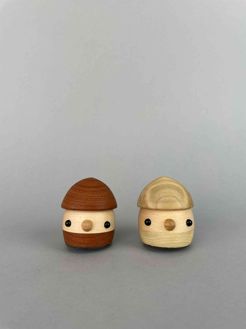 Front view. Side by side standing next to each other.Wooden acorn toys ramp walker Keyaki and Mizuki. Special limited edition Natural wood