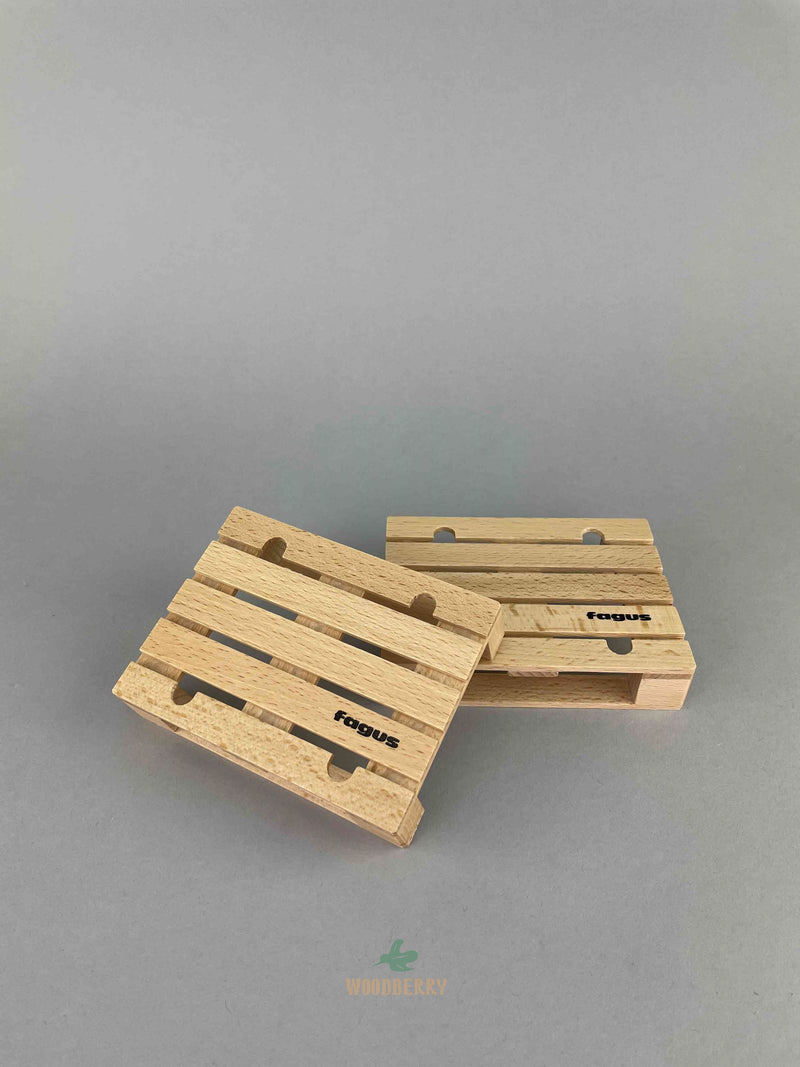 Two Fagus wooden euro pallets toy stacking at an angle together