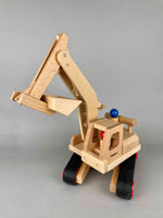 Woodberry Fagus Excavator wooden toy front angle view with raised arm and bucket. 