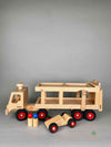 Woodberry Fagus Car Transporter Truck side view image showing truck, two peg people and racer car. 