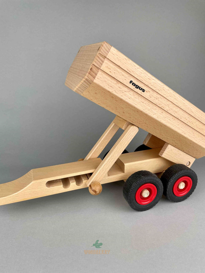 Woodberry Fagus Container Tipper Trailer side angle view with raised trailer bed showing three possible angles. 