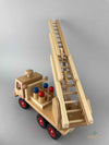 Germany wooden toy - Fagus wooden fire engine with extended ladder and four peg dolls siting inside