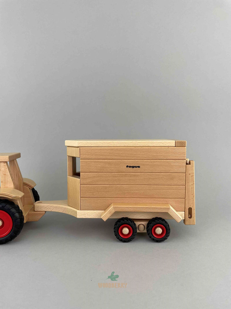 Woodberry Fagus Horse Box Cart side view attached to tractor. 
