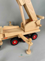 Woodberry Fagus Mobile Tower Crane wooden toy side view angle and closeup of extended outrigger. 