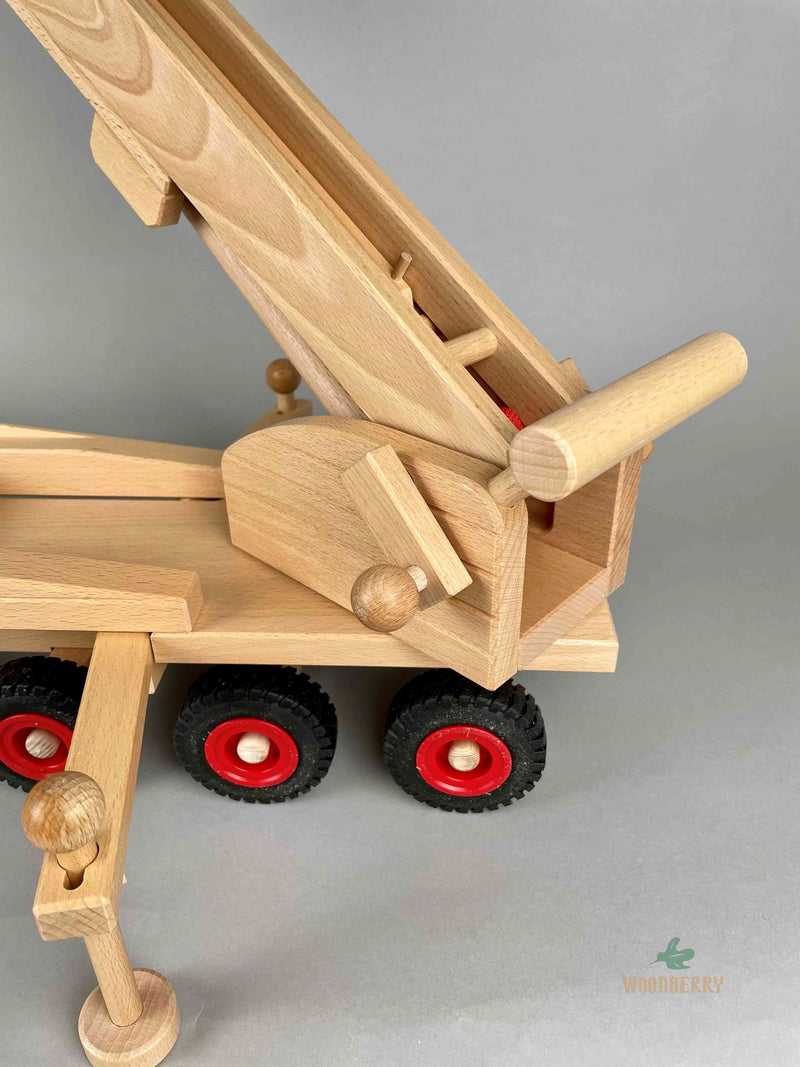 Woodberry Fagus Mobile Tower crane wooden toy closeup rear angle to show manual control of arm angle and extension. 