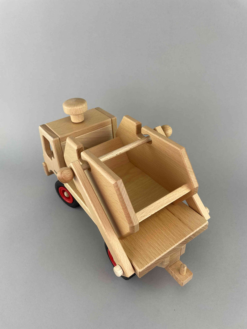 Woodberry Fagus Skip Truck with cargo container on truck bed. Rearview.