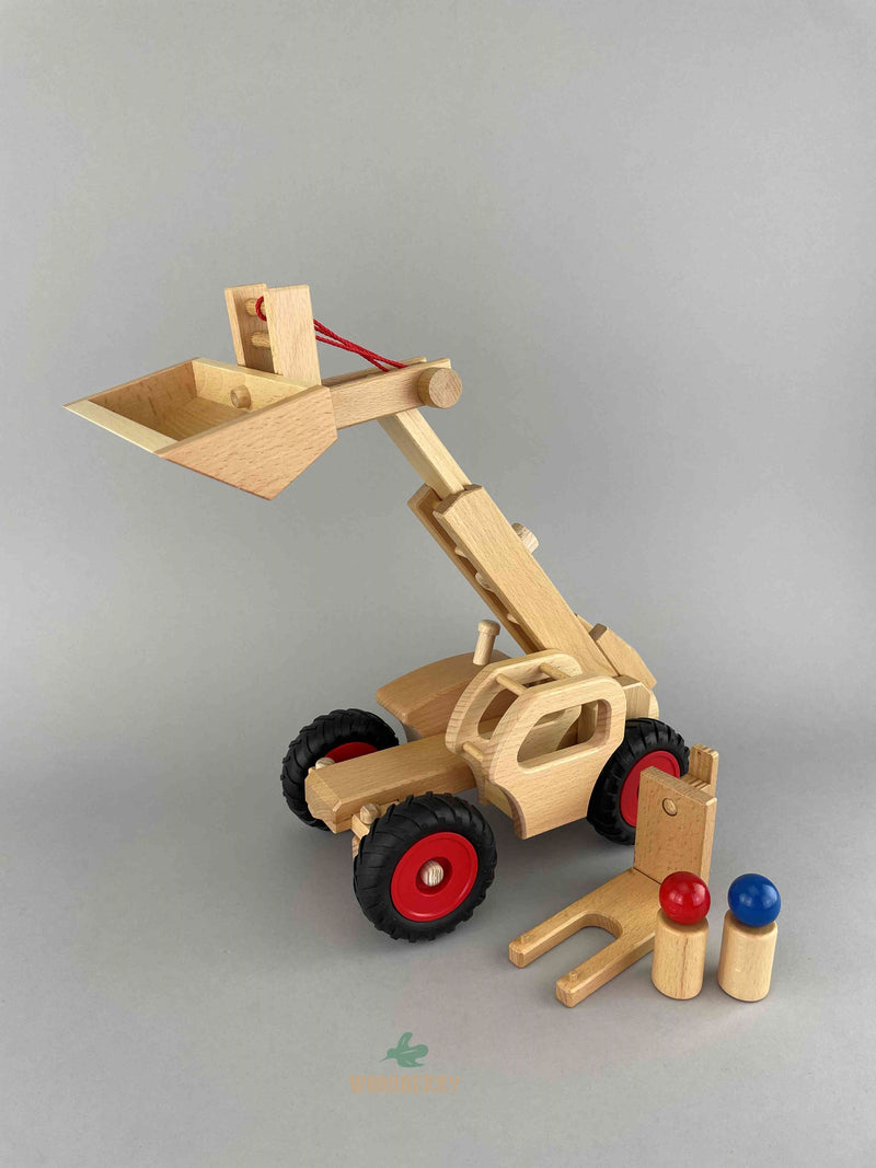 Woodberry Fagus Telescopic Ladder with extended boom and jib and bucket attachment. Two peg people and fork extension shown on the ground. 
