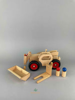Woodberry Fagus Telescopic Loader with retracted boom and jib. Two peg people, bucket and fork attachment are shown. 