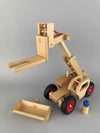 Woodberry Fagus Telescopic Loader with extended boom and jib and fork attachment. Bucket attachment and peg person also shown.
