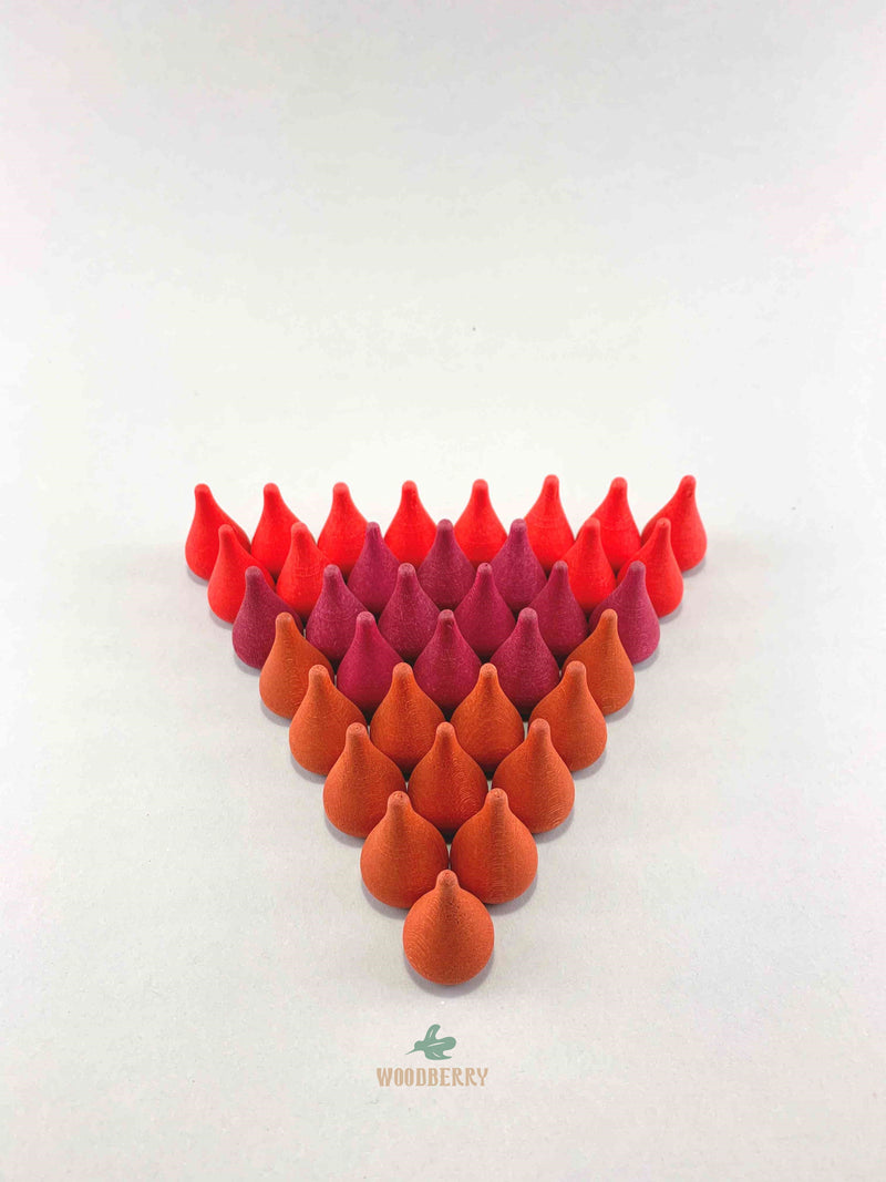 Grapat mandala red fire wooden toys displayed in a triangle shape.