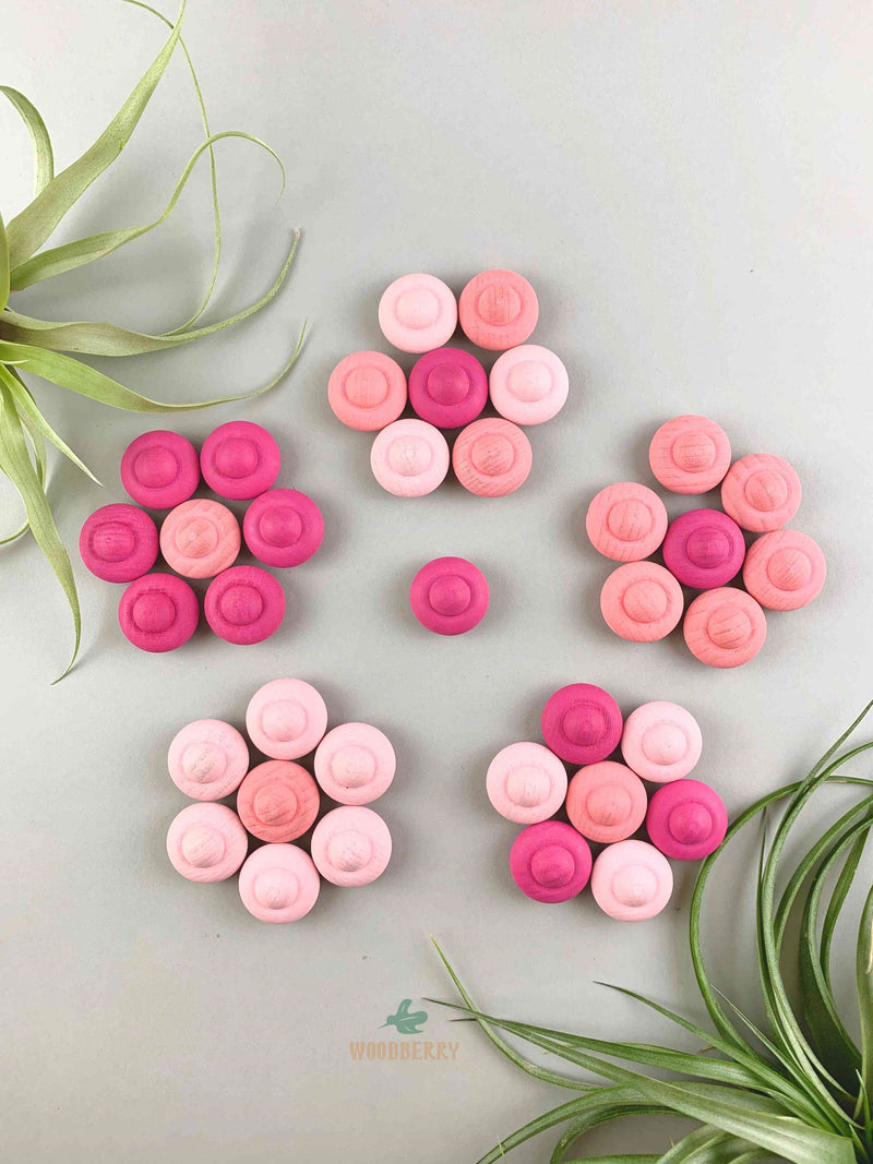 Grapat mandala pink flower wooden toys displayed in five flower shapes.