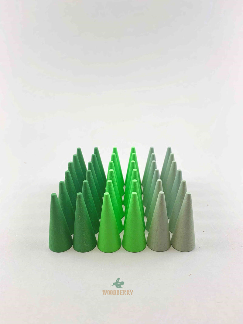 Grapat mandala green cone wooden toys displayed in a square shape.