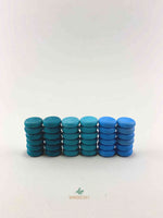Grapat mandala blue little coin wooden toys displayed in six equal stacks.
