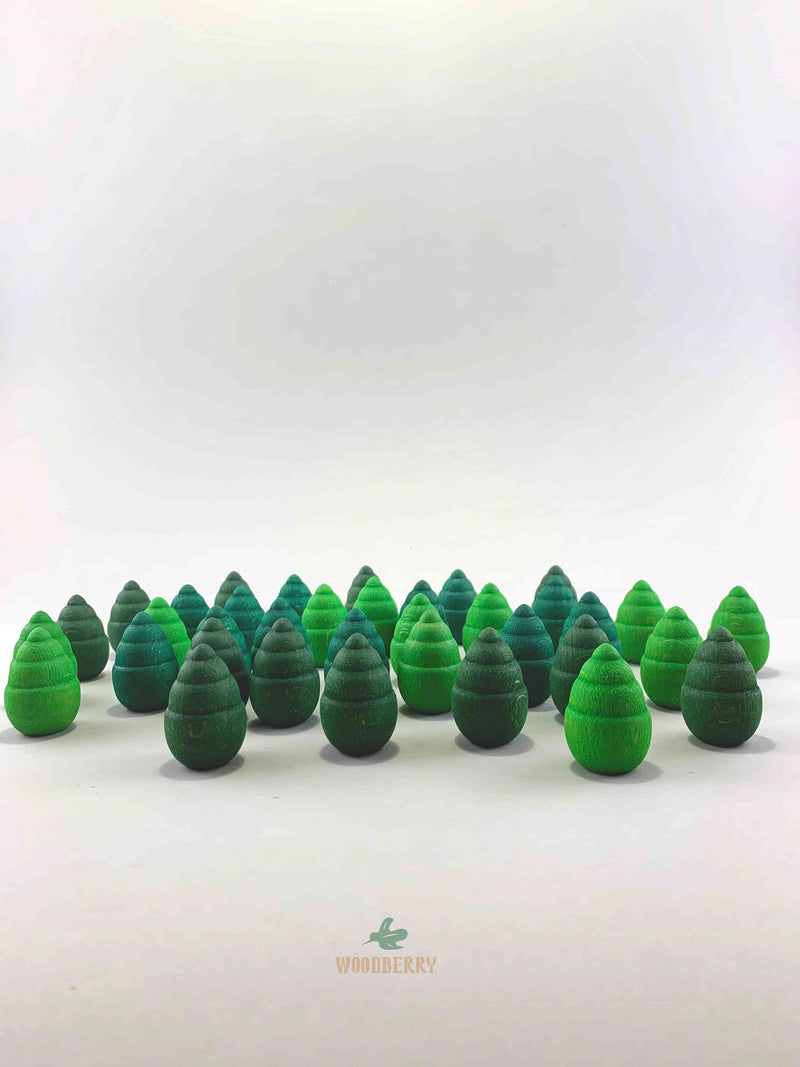 Grapat mandala green tree wooden toys displayed as a forest.