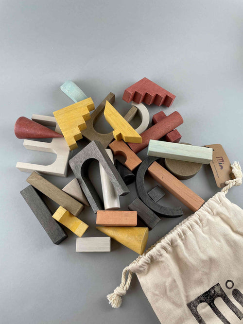The Architectural blocks by minmin Copenhagen poured out from it's stamped cotton draw string bag. 