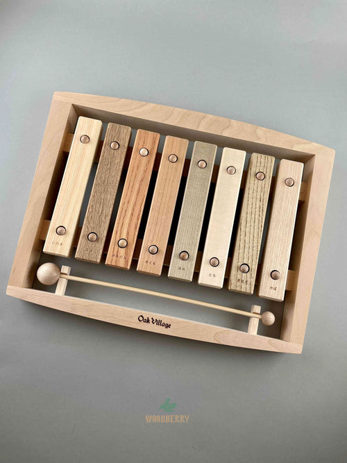 Wooden toy 8 key xylophone. Top view. Each key is made of a different wood species and engraved with the name of the wood in Japanese   