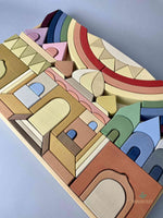 Cathedral blocks set. Wooden Toys Block set by Raduga Grez. displayed in wooden tray at an angle