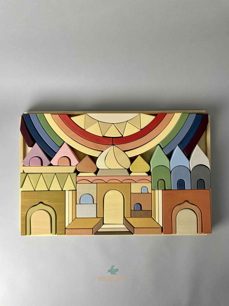Wooden Toy blocks set. Raduga Grez New 2021 Cathedral wooden building blocks set in wooden tray. Top View