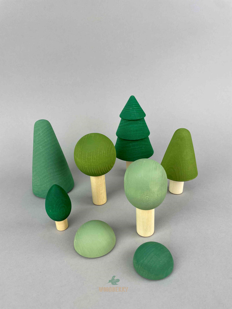 Raduga Grez Wooden toy from Russia. Forest in color. 8 pcs wooden tree set arranged in a standing scene by Woodberry Toys USA 