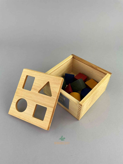 eight colorful wooden blocks in the sorter box with lid open by wooden story- wooden toys.