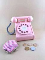 kiko and gg wooden retro telephone toy in pink with coin purse and coins