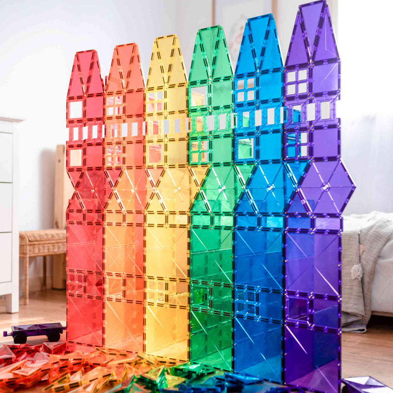 Connetix magnetic tiles building example in the playroom. Displaying all six colors included and shapes